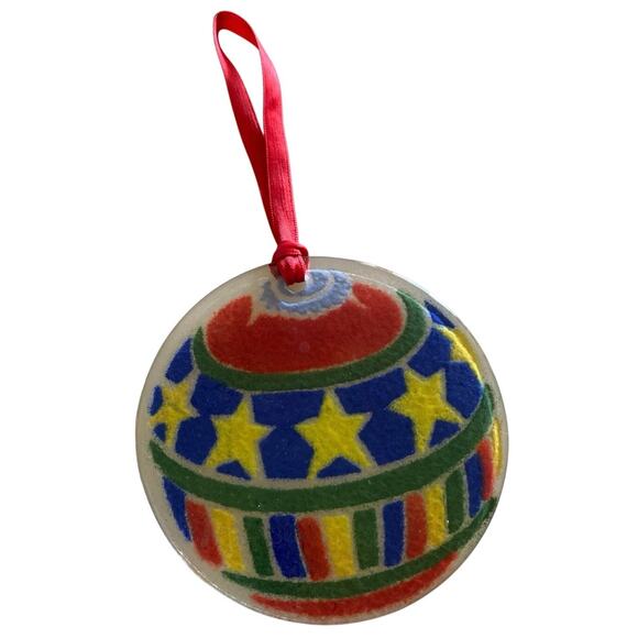 Peggy Karr Christmas Ornament Ball Stars Bars Fused Glass Holiday - Picture 2 of 12